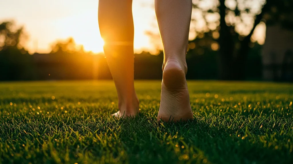 Persona caminando descalza sobre el césped al amanecer como símbolo de autoconocimiento y transformación
